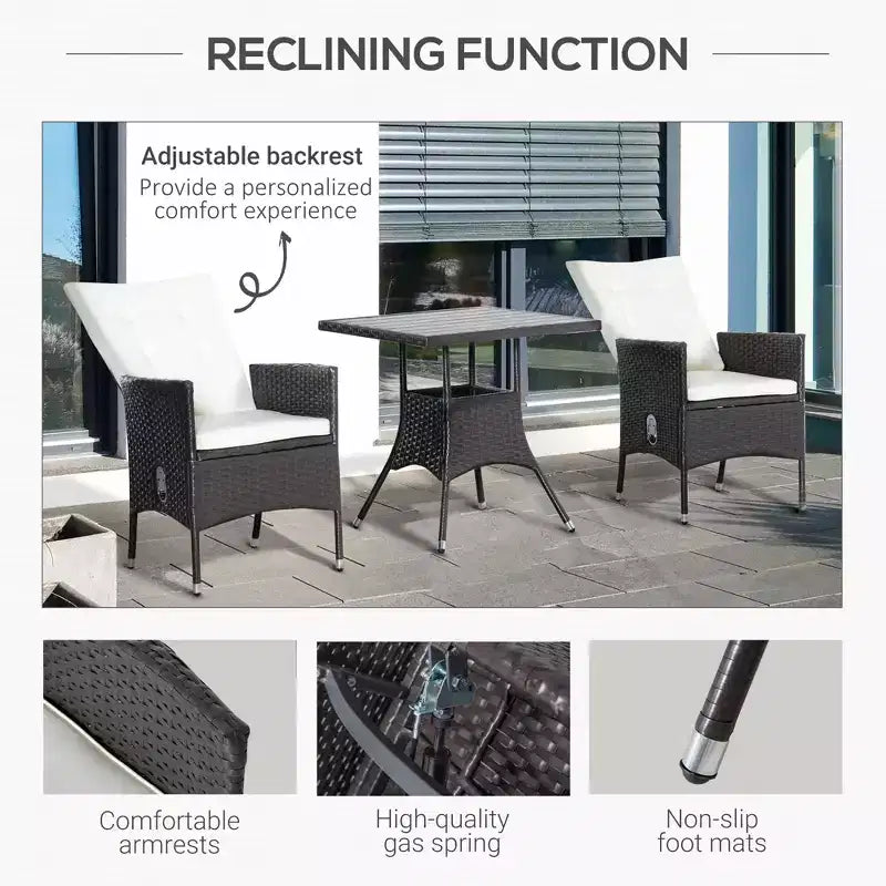 3 Piece Patio Bistro Set, PE Wicker Furniture Conversation Set w/ Tufted Cushion Reclining Chairs & Coffee Table