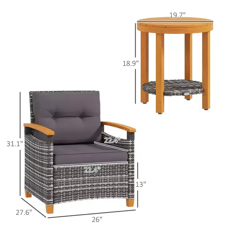 Outdoor Bistro Set Wicker Patio Furniture with Cushions for Porch, Garden