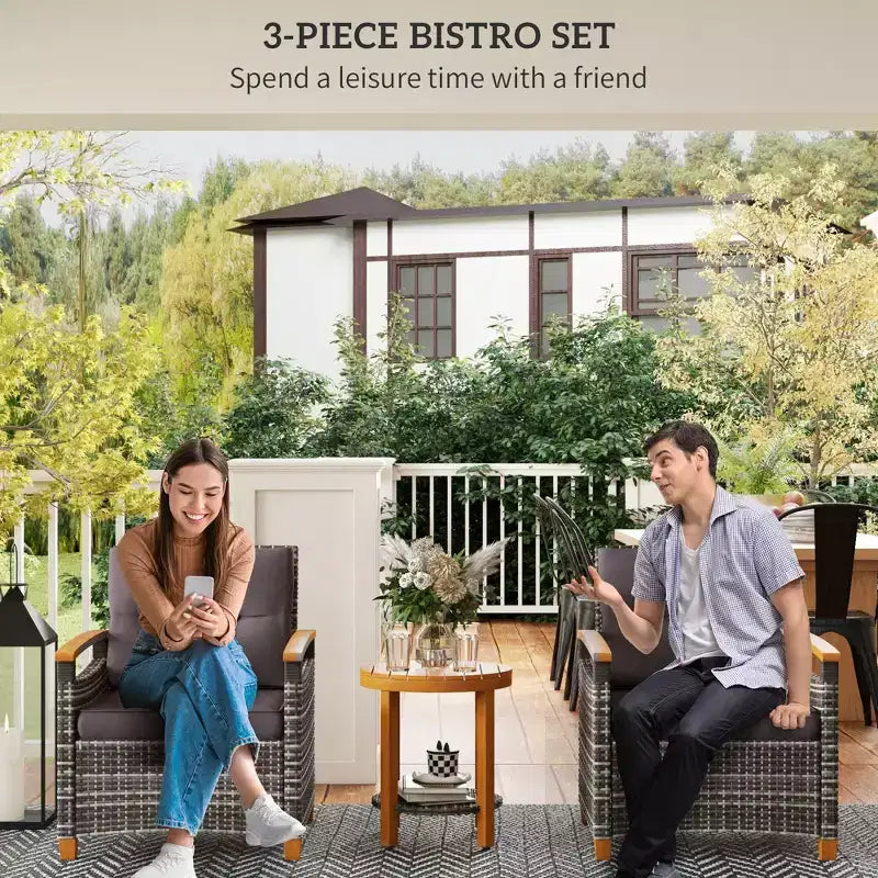 Outdoor Bistro Set Wicker Patio Furniture with Cushions for Porch, Garden