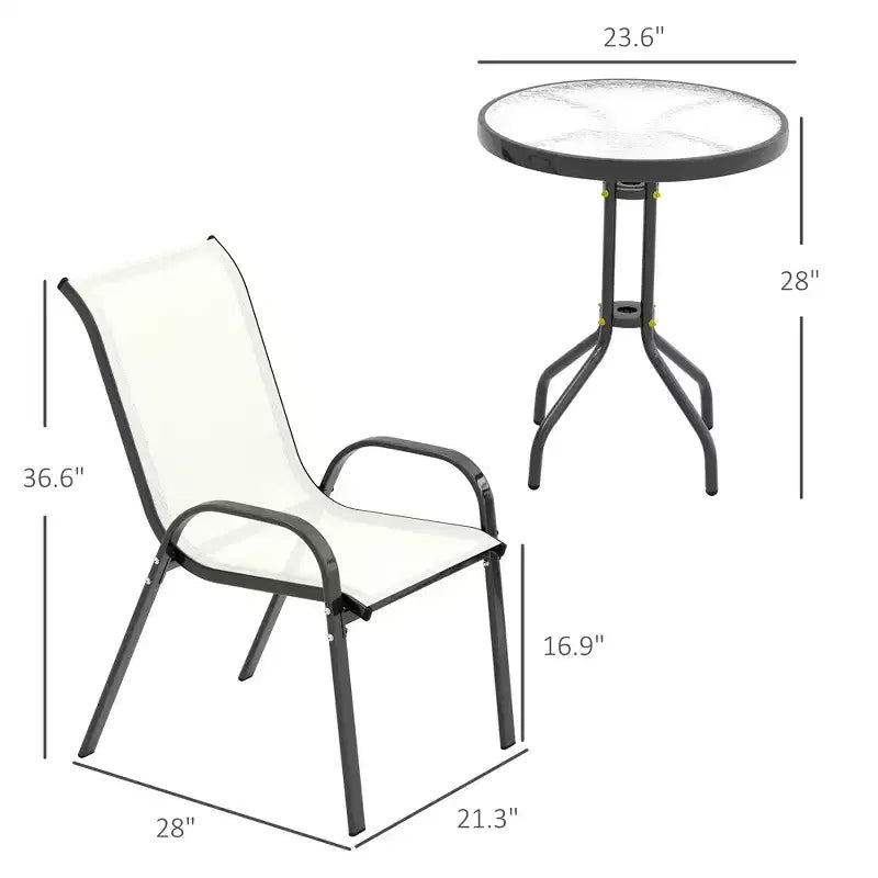 3 Pieces Bistro Set, Small Patio Furniture Set with Stackable Chairs and Glass Table for Backyard, Balcony