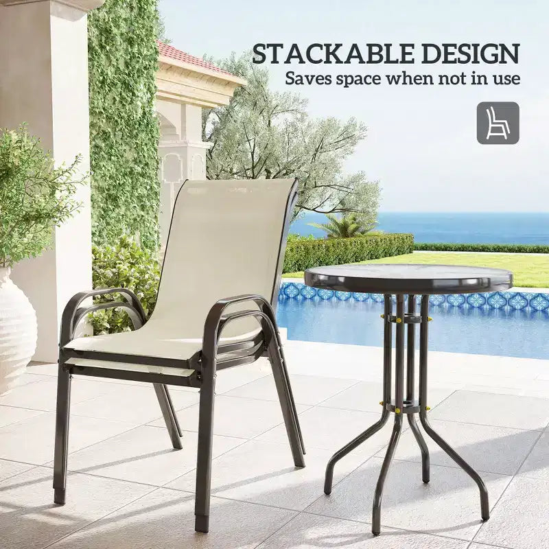 3 Pieces Bistro Set, Small Patio Furniture Set with Stackable Chairs and Glass Table for Backyard, Balcony