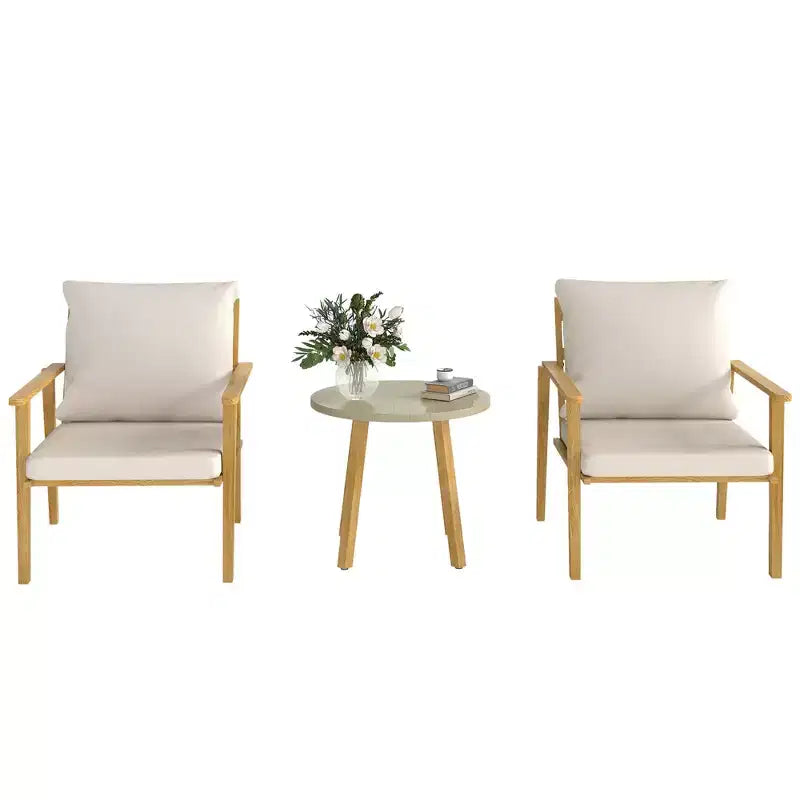 3 Piece Outdoor Bistro Set Effect Metal Patio Set with Wide and Deep Chairs, Round Table, Cushions