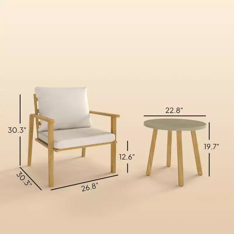 3 Piece Outdoor Bistro Set Effect Metal Patio Set with Wide and Deep Chairs, Round Table, Cushions