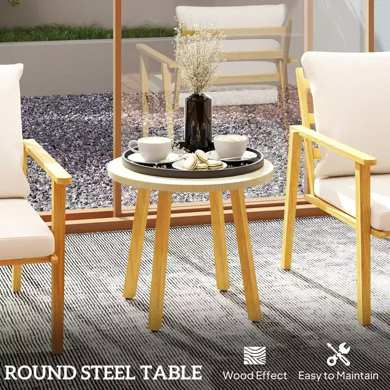 3 Piece Outdoor Bistro Set Effect Metal Patio Set with Wide and Deep Chairs, Round Table, Cushions