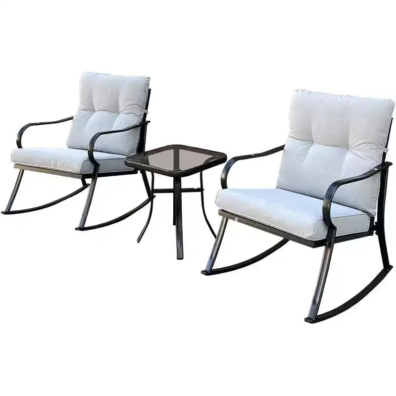 Rocker Set Chair and Outdoor Patio Bistro Set with Metal Frame and Waterproof Cushions for Porch, Backyard, and Poolside Off White