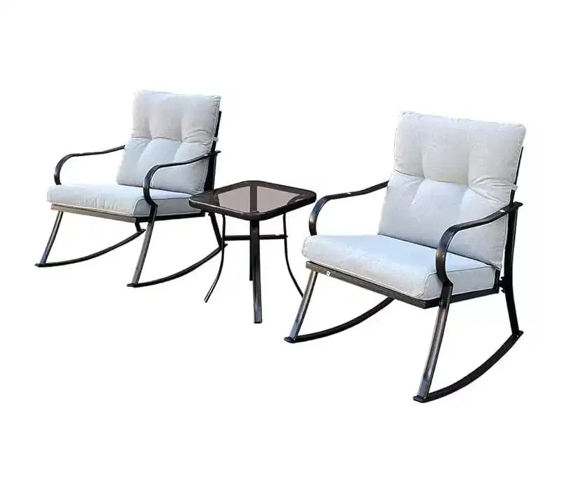 Rocker Set Chair and Outdoor Patio Bistro Set with Metal Frame and Waterproof Cushions for Porch, Backyard, and Poolside Off White