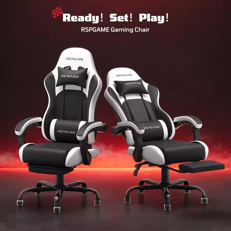 RSPGAME Basic Ergonomic Gaming Chair for Adults, PU Leather Office Chairs with Vibration Lumbar Support and Retractable Footrest, Home Computer Chairs