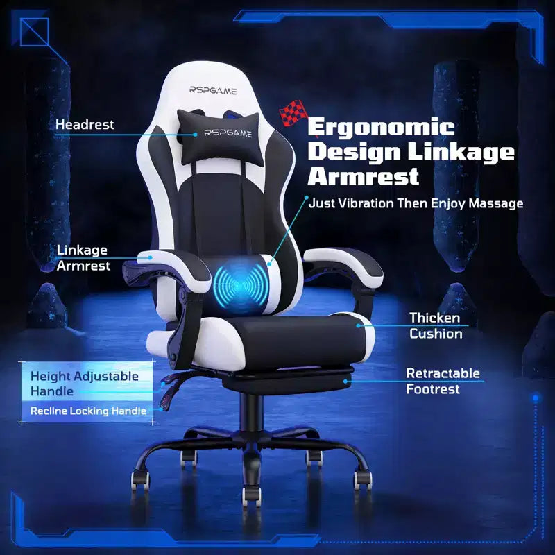 RSPGAME Basic Ergonomic Gaming Chair for Adults, PU Leather Office Chairs with Vibration Lumbar Support and Retractable Footrest, Home Computer Chairs