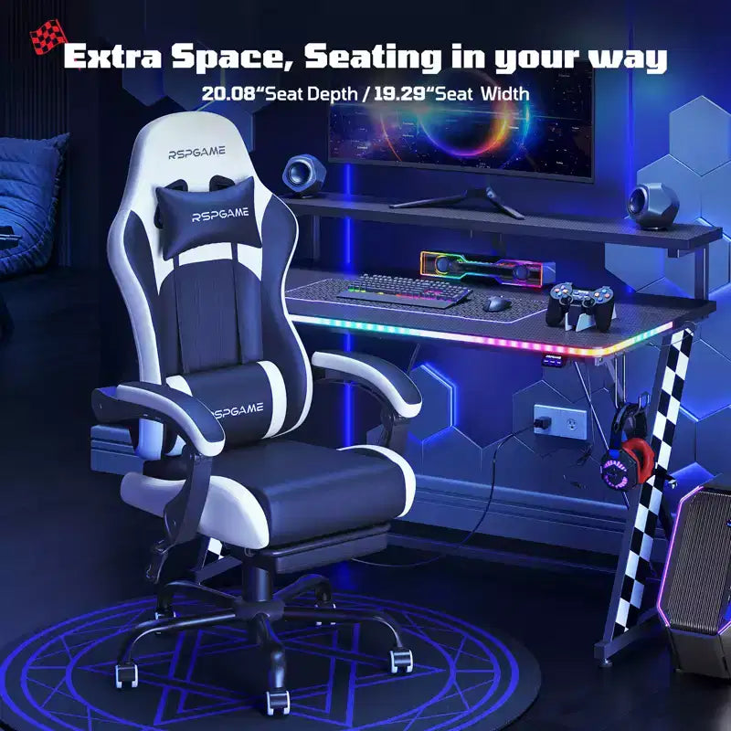 RSPGAME Basic Ergonomic Gaming Chair for Adults, PU Leather Office Chairs with Vibration Lumbar Support and Retractable Footrest, Home Computer Chairs