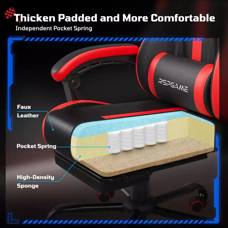 RSPGAME Basic Ergonomic Gaming Chair for Adults, PU Leather Office Chairs with Vibration Lumbar Support and Retractable Footrest, Home Computer Chairs