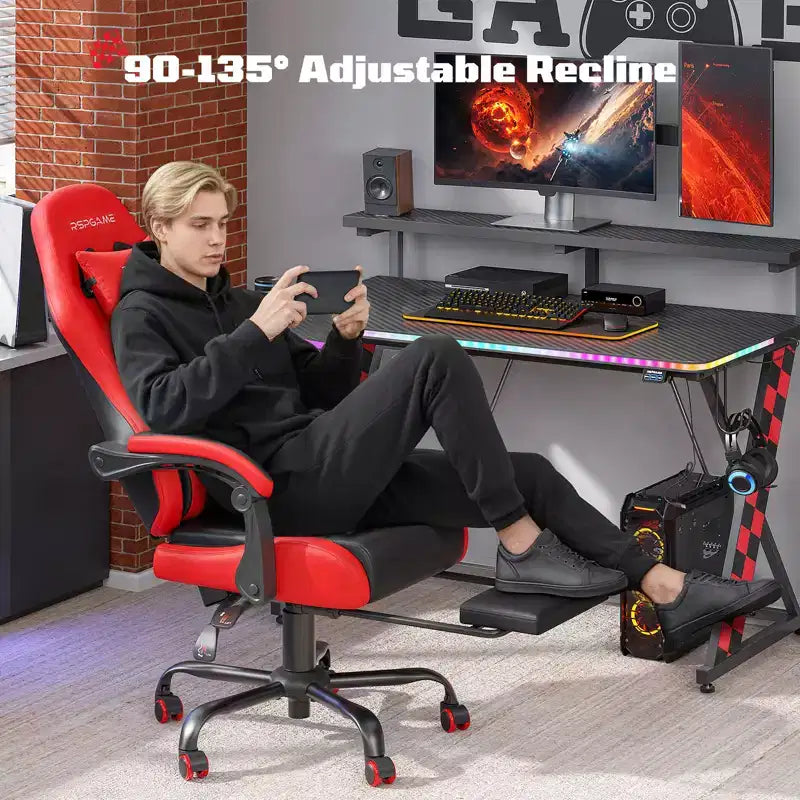 RSPGAME Basic Ergonomic Gaming Chair for Adults, PU Leather Office Chairs with Vibration Lumbar Support and Retractable Footrest, Home Computer Chairs