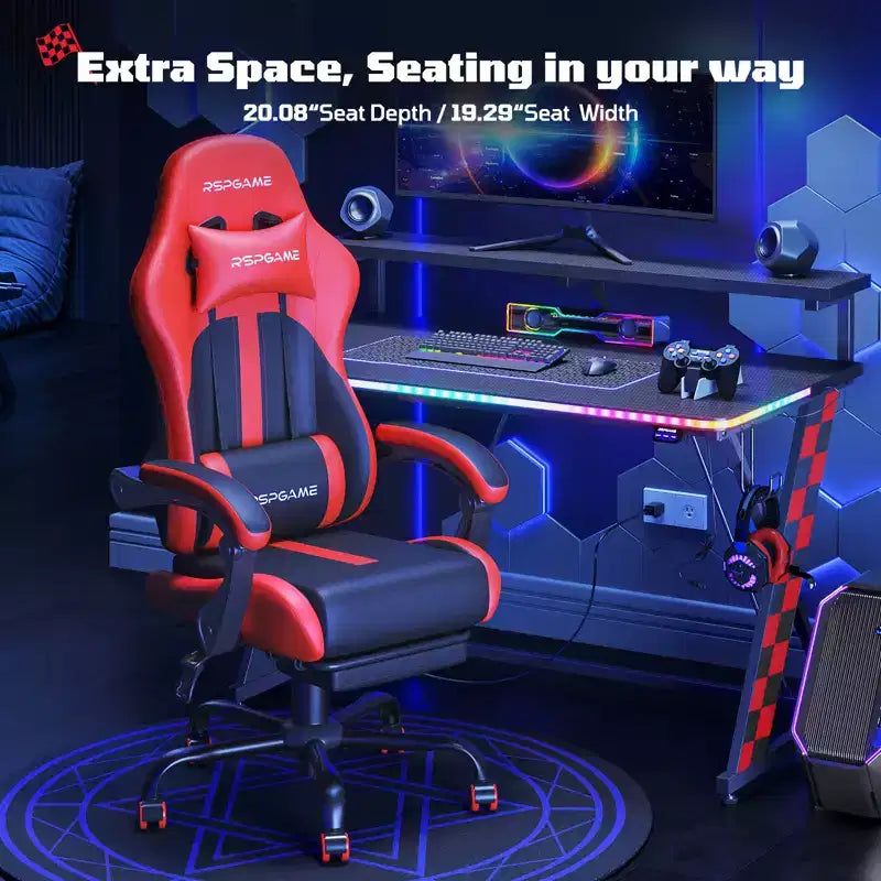RSPGAME Basic Ergonomic Gaming Chair for Adults, PU Leather Office Chairs with Vibration Lumbar Support and Retractable Footrest, Home Computer Chairs