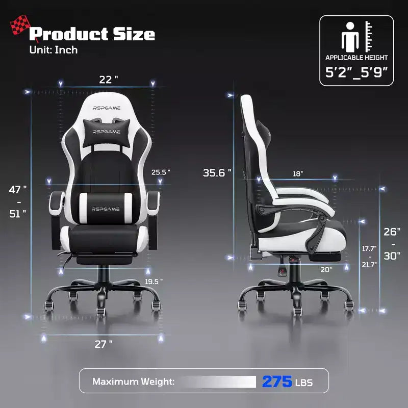 RSPGAME Basic Ergonomic Gaming Chairs for Adults, PU Leather Office Chairs with Lumbar Support, Pocket Spring Cushion and Retractable Footrest