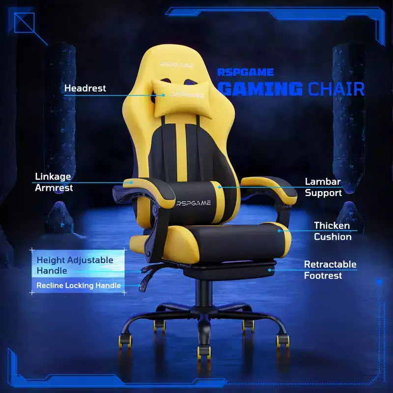 RSPGAME Basic Ergonomic Gaming Chairs for Adults, PU Leather Office Chairs with Lumbar Support, Pocket Spring Cushion and Retractable Footrest