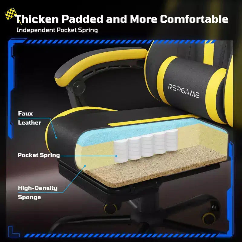 RSPGAME Basic Ergonomic Gaming Chairs for Adults, PU Leather Office Chairs with Lumbar Support, Pocket Spring Cushion and Retractable Footrest