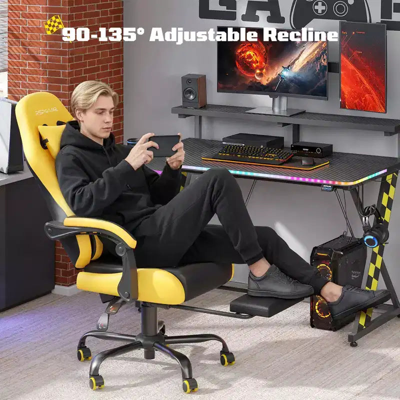 RSPGAME Basic Ergonomic Gaming Chairs for Adults, PU Leather Office Chairs with Lumbar Support, Pocket Spring Cushion and Retractable Footrest