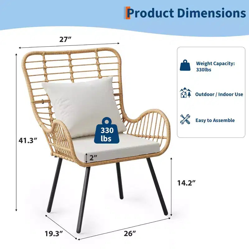 Wicker Chairs Outdoor Set of 2, Indoor/Outdoor Wicker Furniture Patio Chair, All-Weather Club Chair with Water-Resistant Cushions, Boho, Brown