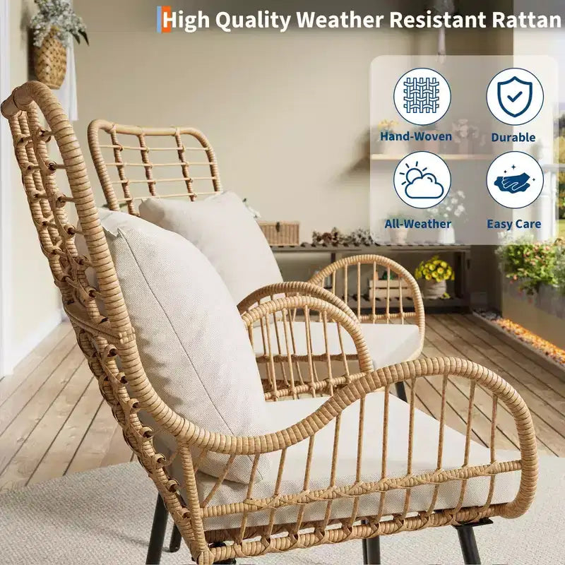 Wicker Chairs Outdoor Set of 2, Indoor/Outdoor Wicker Furniture Patio Chair, All-Weather Club Chair with Water-Resistant Cushions, Boho, Brown