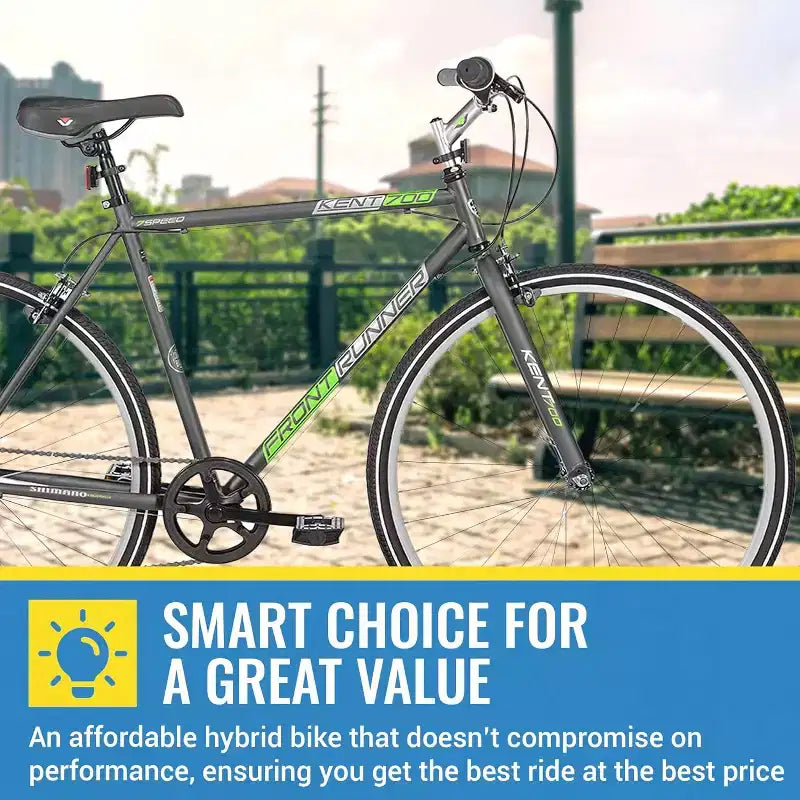 Kent International Front Runner Hybrid Bike - 700c - City Bike with 7 Speed Drivetrain, Lightweight Alloy Wheels, and Height Adjustable Seat Post