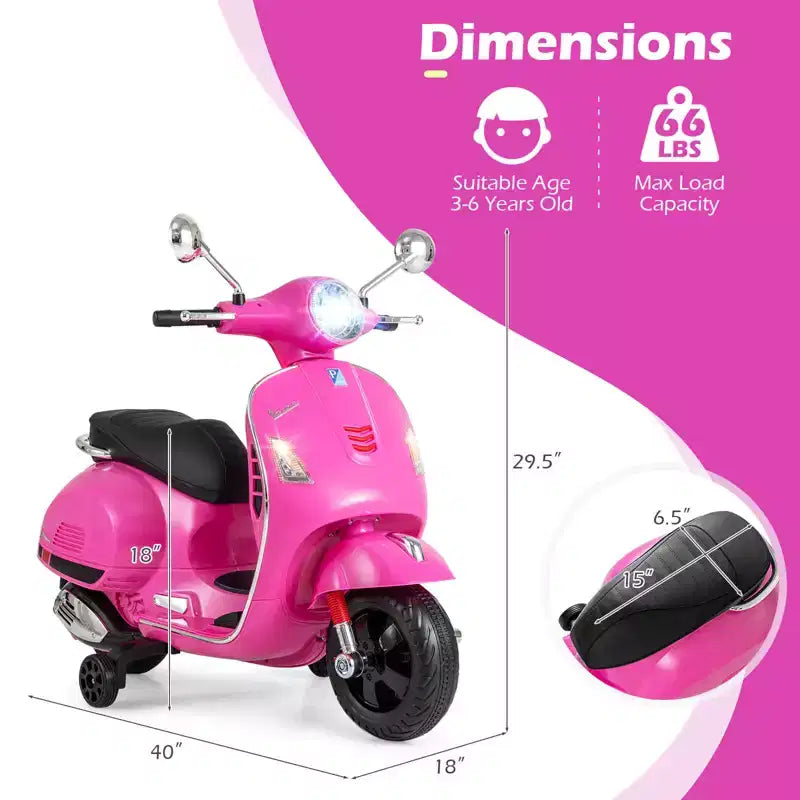 Costway Licensed VESPA 12V Kids Electric Motorcycle with Music Horn Story Training Wheels Red/Pink/Green/White
