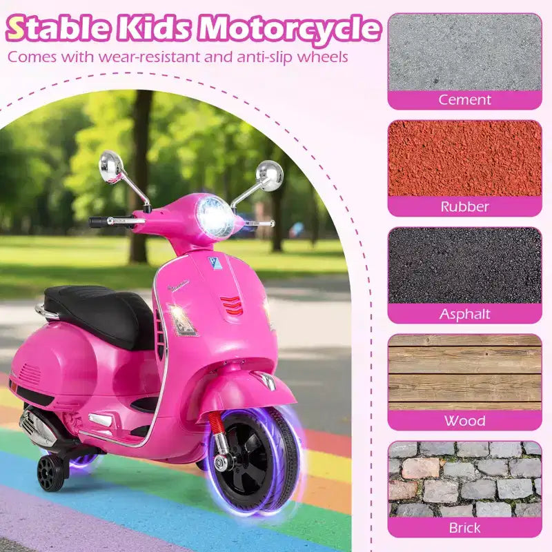 Costway Licensed VESPA 12V Kids Electric Motorcycle with Music Horn Story Training Wheels Red/Pink/Green/White