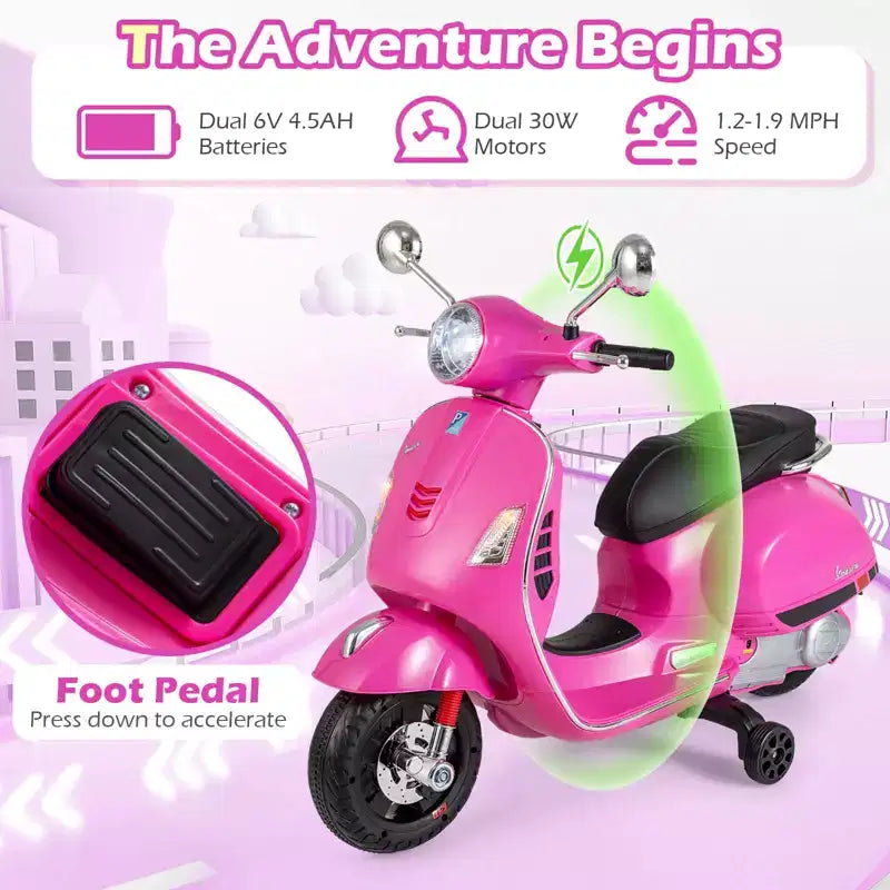 Costway Licensed VESPA 12V Kids Electric Motorcycle with Music Horn Story Training Wheels Red/Pink/Green/White