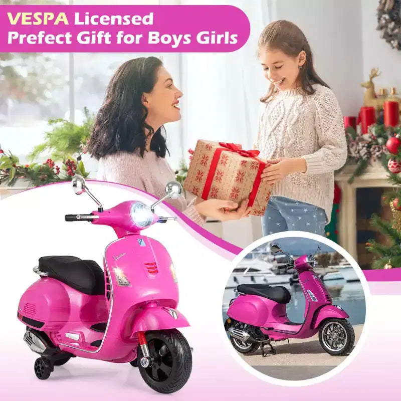 Costway Licensed VESPA 12V Kids Electric Motorcycle with Music Horn Story Training Wheels Red/Pink/Green/White