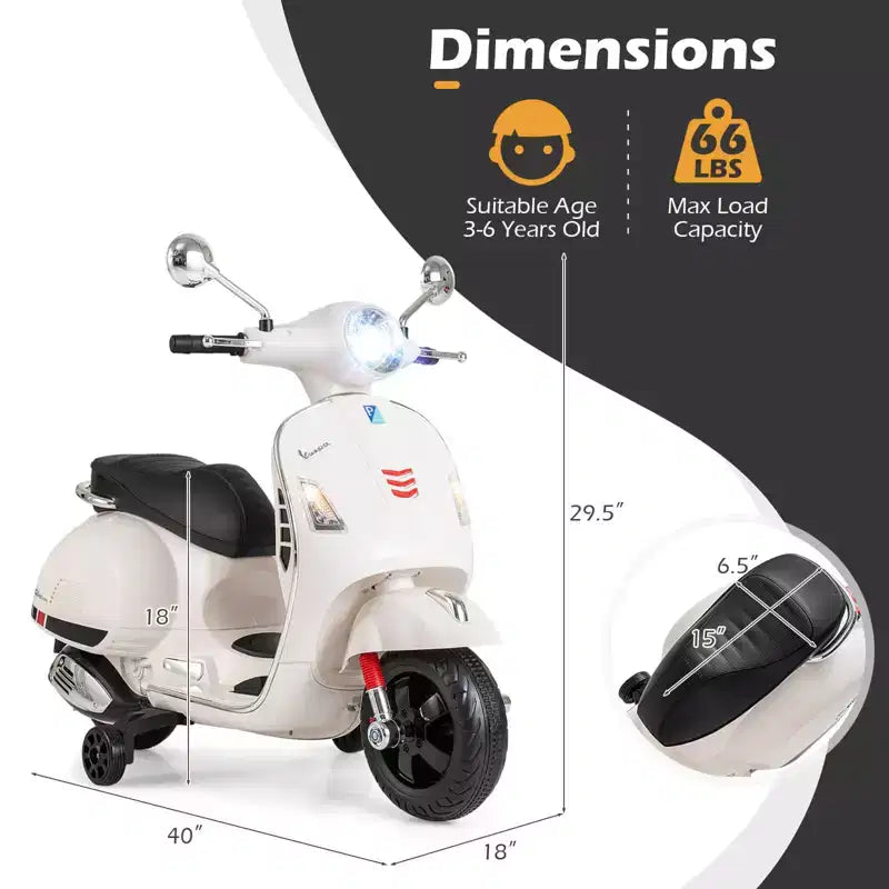 Costway Licensed VESPA 12V Kids Electric Motorcycle with Music Horn Story Training Wheels Red/Pink/Green/White