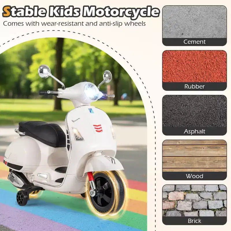 Costway Licensed VESPA 12V Kids Electric Motorcycle with Music Horn Story Training Wheels Red/Pink/Green/White