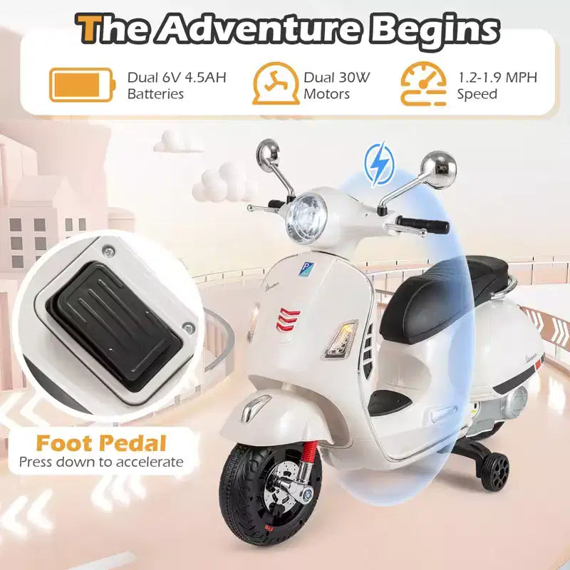 Costway Licensed VESPA 12V Kids Electric Motorcycle with Music Horn Story Training Wheels Red/Pink/Green/White