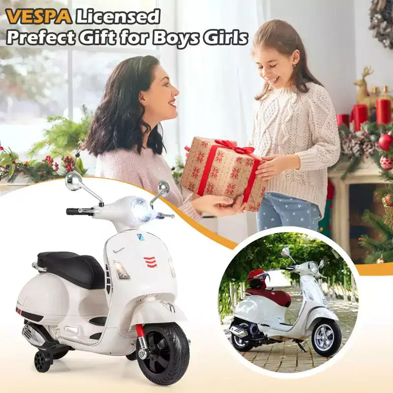 Costway Licensed VESPA 12V Kids Electric Motorcycle with Music Horn Story Training Wheels Red/Pink/Green/White
