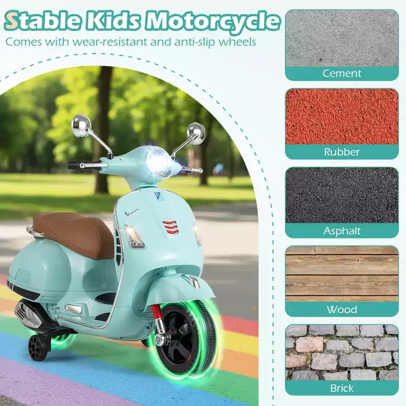 Costway Licensed VESPA 12V Kids Electric Motorcycle with Music Horn Story Training Wheels Red/Pink/Green/White