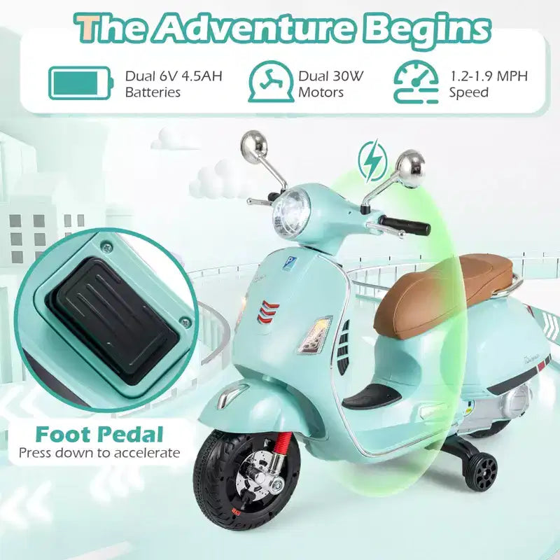 Costway Licensed VESPA 12V Kids Electric Motorcycle with Music Horn Story Training Wheels Red/Pink/Green/White