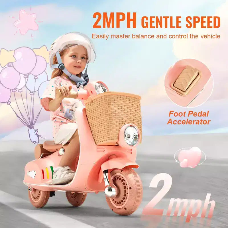 Kids Electric Ride On Motorcycle 6V 3-Wheel Motorbike with LED Lights Music and Bluetooth for Ages 3-4