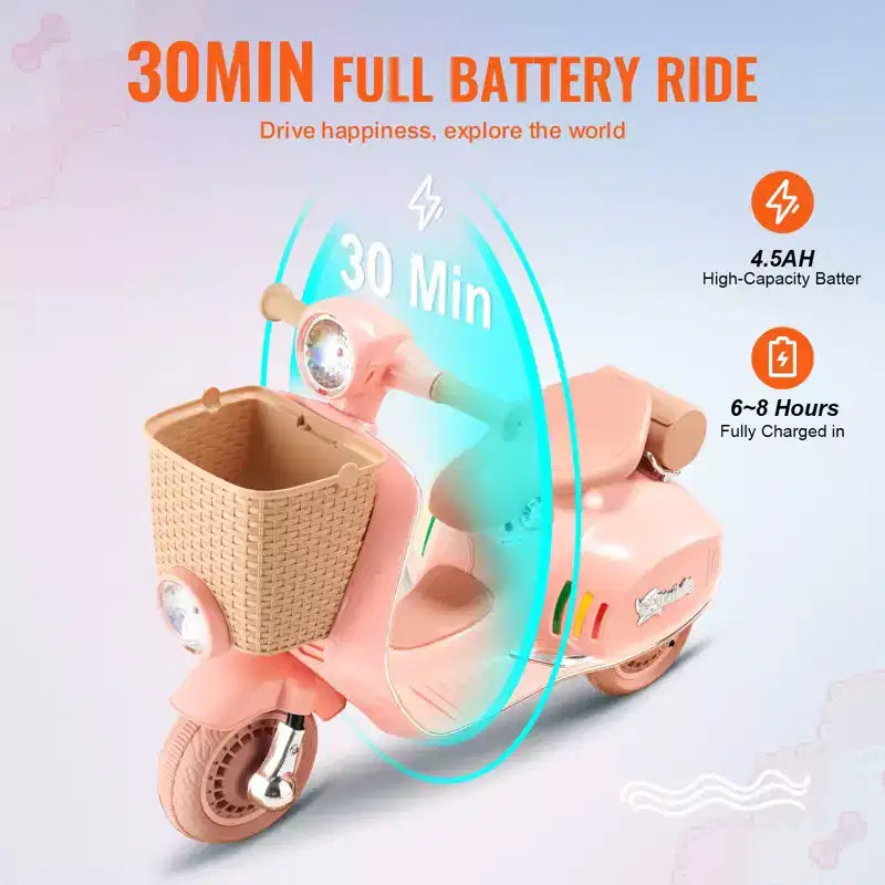 Kids Electric Ride On Motorcycle 6V 3-Wheel Motorbike with LED Lights Music and Bluetooth for Ages 3-4