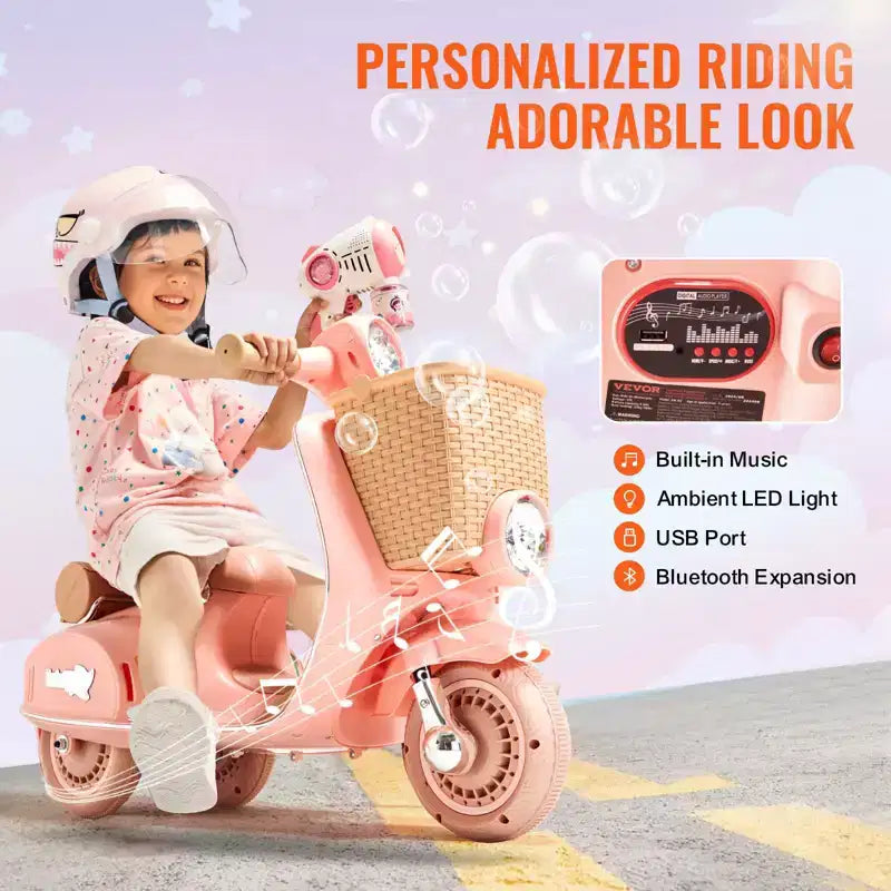 Kids Electric Ride On Motorcycle 6V 3-Wheel Motorbike with LED Lights Music and Bluetooth for Ages 3-4