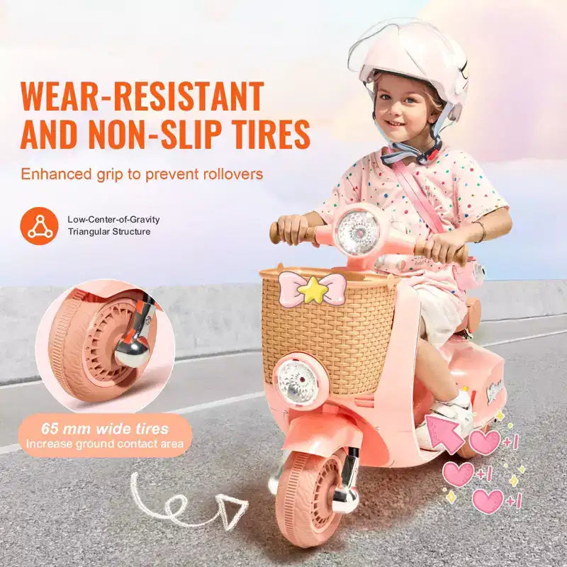 Kids Electric Ride On Motorcycle 6V 3-Wheel Motorbike with LED Lights Music and Bluetooth for Ages 3-4