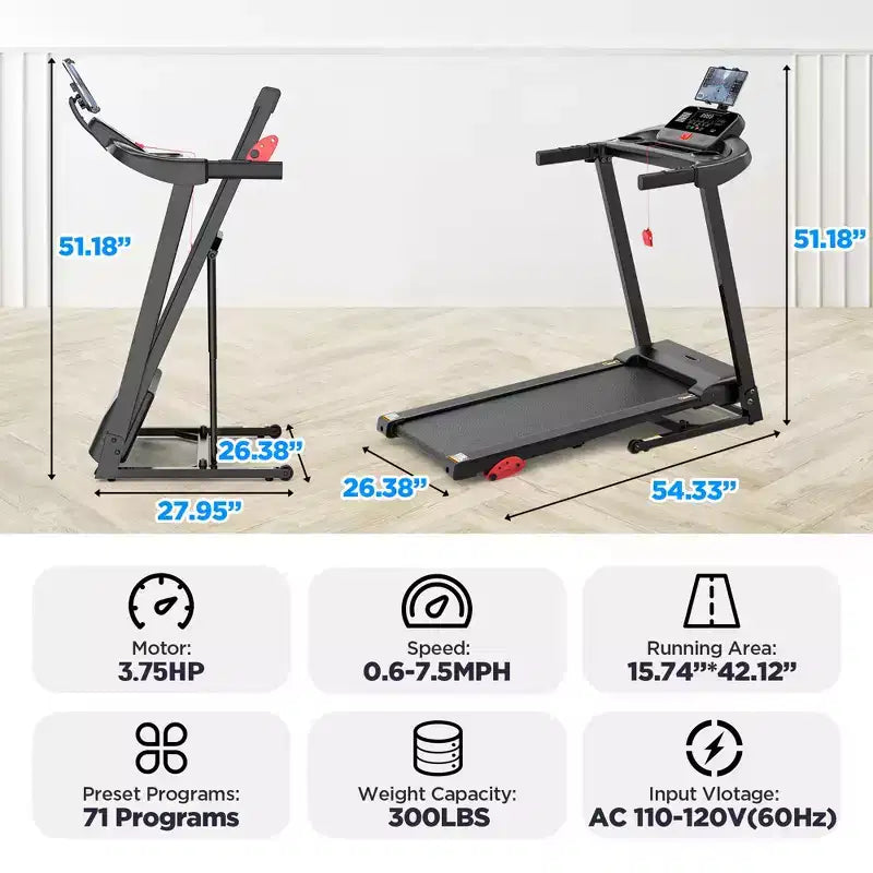 3.75HP Folding Treadmill with 300lbs Capacity, 71 Programs Treadmill for Home with Incline, Intelligent APP control, Bluetooth & HiFi Stereo Speakers