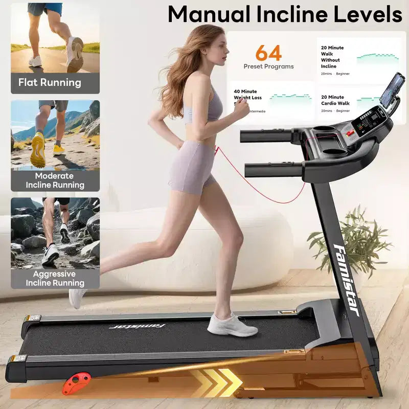 Folding Treadmill 350 lbs Capacity for Home, Incline Treadmill for Exercising, 6% Manual Incline, 7.5MPH, 16'' Wide Belt, 71 Programs, Knee Support