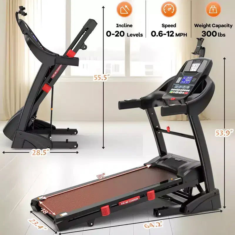 Treadmill with Auto Incline, Running Treadmills for Home, Folding Treadmill with Handle Bars, Speaker, Treadmill 300 lb Capacity