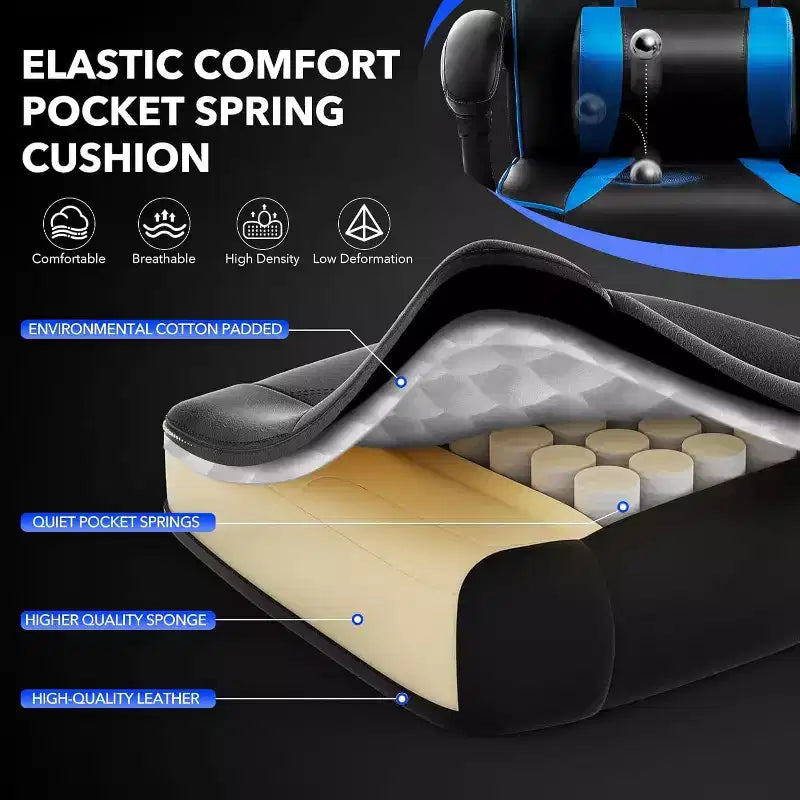 Ergonomic Gaming Chair, High-Back PU Computer Chair, Retractable Footrest, Height Adjustable, Adjustable Lumbar & Headrest, Swivel Office Chair