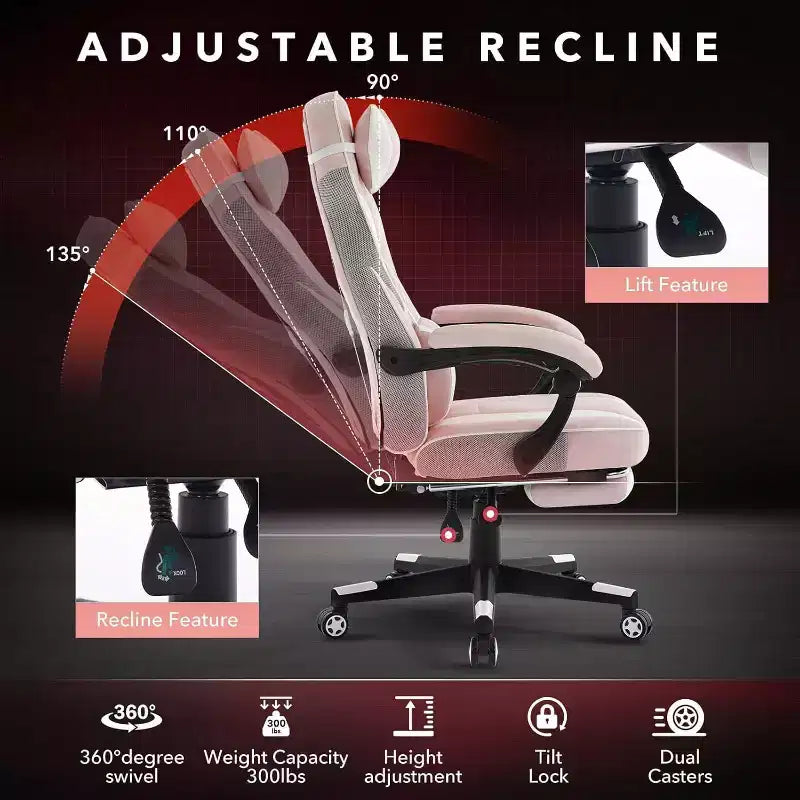 Ergonomic Gaming Chair, High-Back PU Computer Chair, Retractable Footrest, Height Adjustable, Adjustable Lumbar & Headrest, Swivel Office Chair