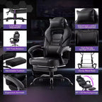Ergonomic Gaming Chair, High-Back PU Computer Chair, Retractable Footrest, Height Adjustable, Adjustable Lumbar & Headrest, Swivel Office Chair