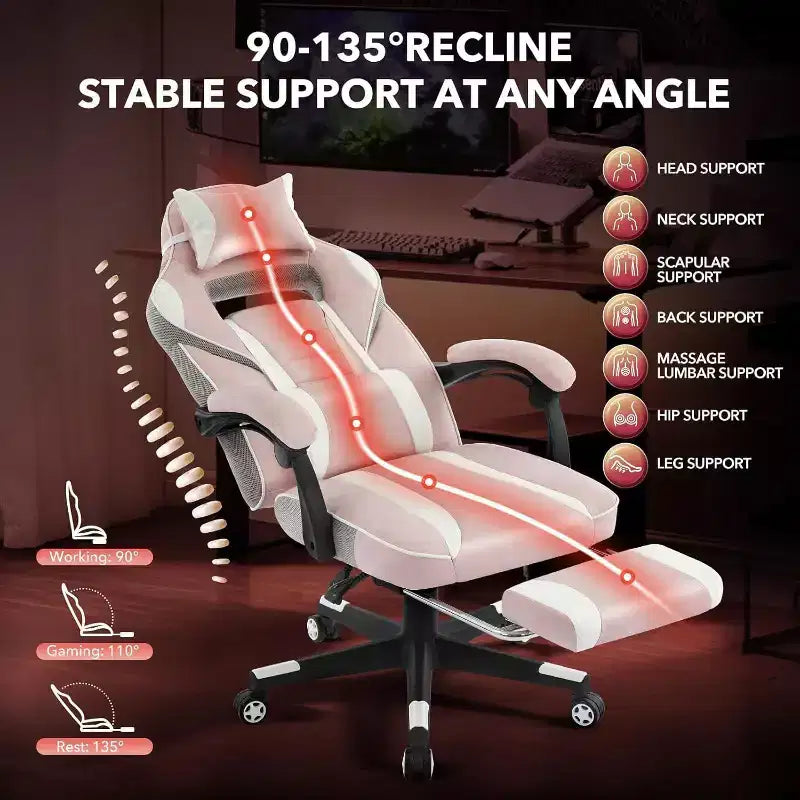 Ergonomic Gaming Chair, High-Back PU Computer Chair, Retractable Footrest, Height Adjustable, Adjustable Lumbar & Headrest, Swivel Office Chair