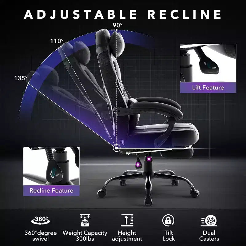 Ergonomic Gaming Chair, High-Back PU Computer Chair, Retractable Footrest, Height Adjustable, Adjustable Lumbar & Headrest, Swivel Office Chair