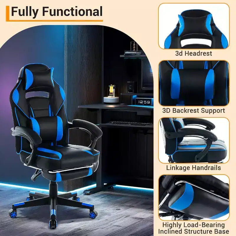 Ergonomic Gaming Chair, High-Back PU Computer Chair, Retractable Footrest, Height Adjustable, Adjustable Lumbar & Headrest, Swivel Office Chair