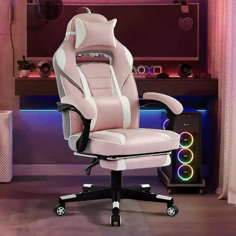 Ergonomic Gaming Chair, High-Back PU Computer Chair, Retractable Footrest, Height Adjustable, Adjustable Lumbar & Headrest, Swivel Office Chair