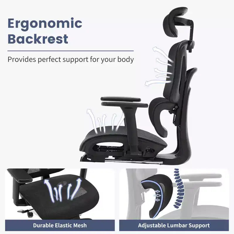 Ergonomic High Back Mesh Reclining Office Chair with Footrest, Dynamic Lumbar Support - Swivel Task Chair for Home & Gaming, Black
