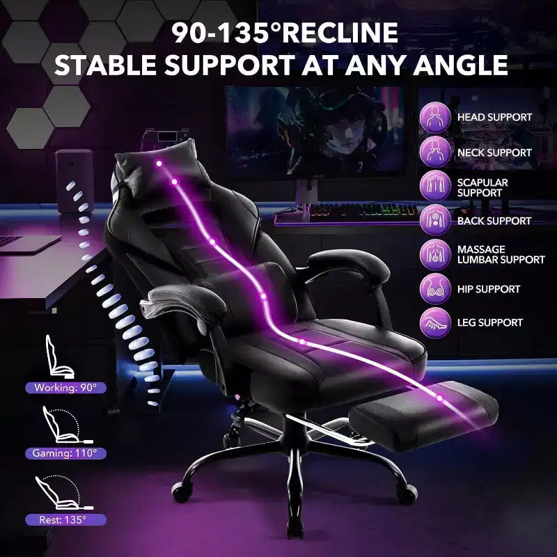 Acekool Ergonomic Gaming Chair for Adults, PU Leather, Massage Lumbar, Footrest, Adjustable, for Office or Gaming