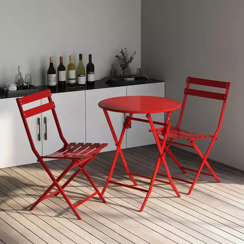 Outdoor Foldable Round Table+2-Chair Terrace Tavern Set Anti Rust Metal Portable Courtyard Leisure Table and Chair